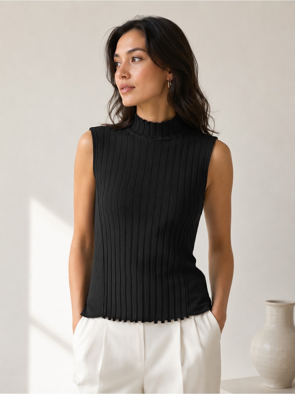 Vince Black Sleeveless Ribbed Mock Neck Top with Side Panels